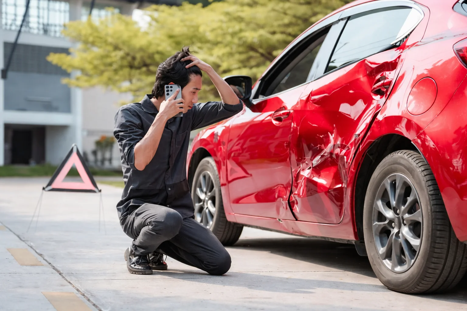 A man kneeling beside a red car with heavy side damage, talking on his phone after a traffic accident, with a warning triangle placed on the road behind the vehicle.