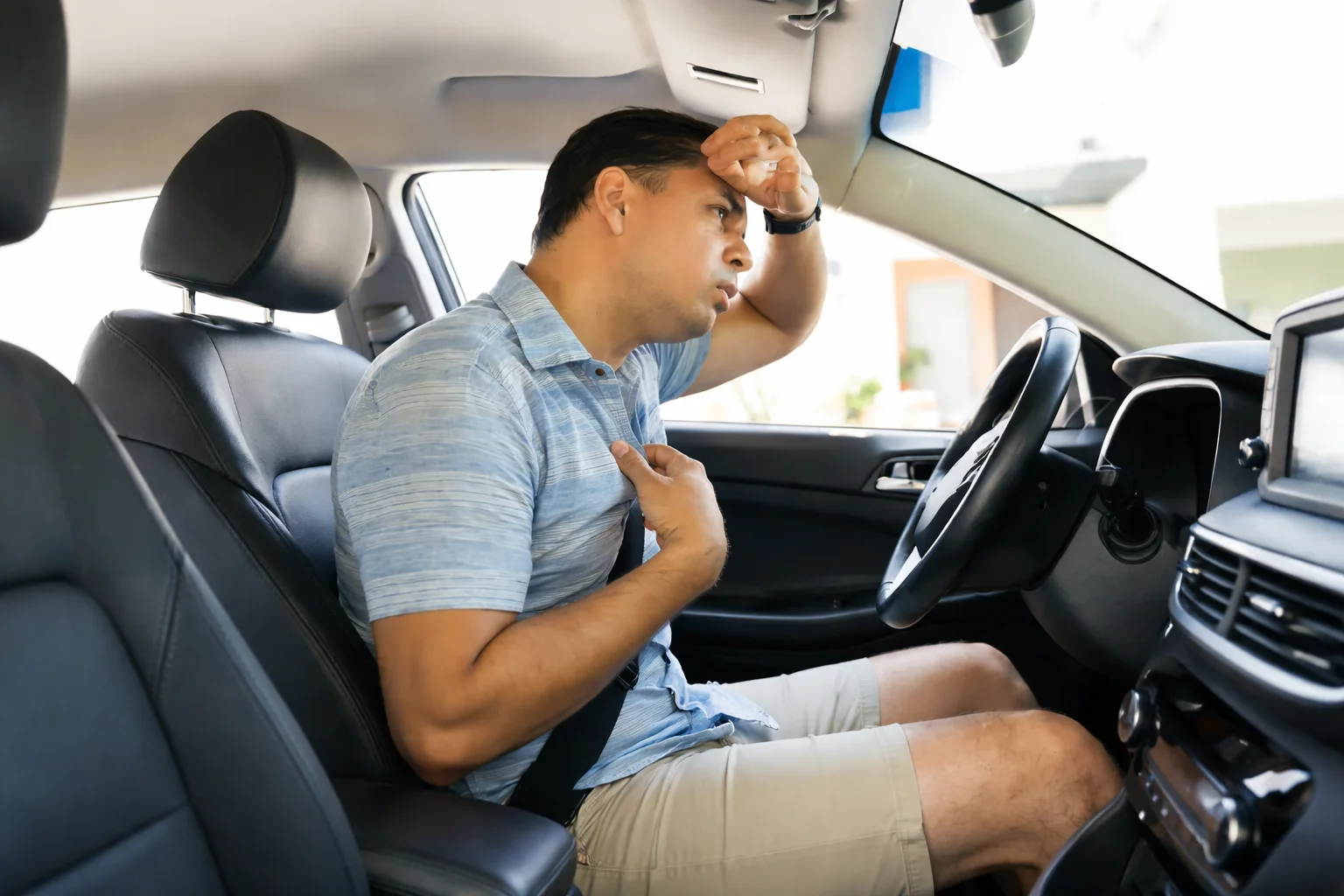 Driver sitting inside a car wiping sweat from his forehead due to heat, illustrating the need for car AC service to restore proper cooling and comfort inside the vehicle.