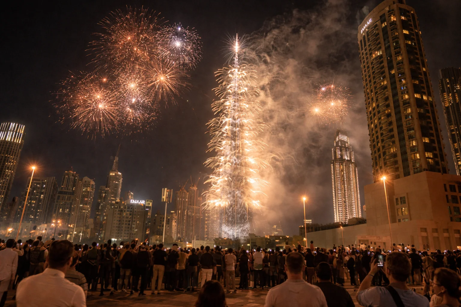 Crowds gathered in downtown Dubai watching a spectacular fireworks display in 2025, setting high expectations as Dubai fireworks 2026 are anticipated to be even more breathtaking across the city skyline.