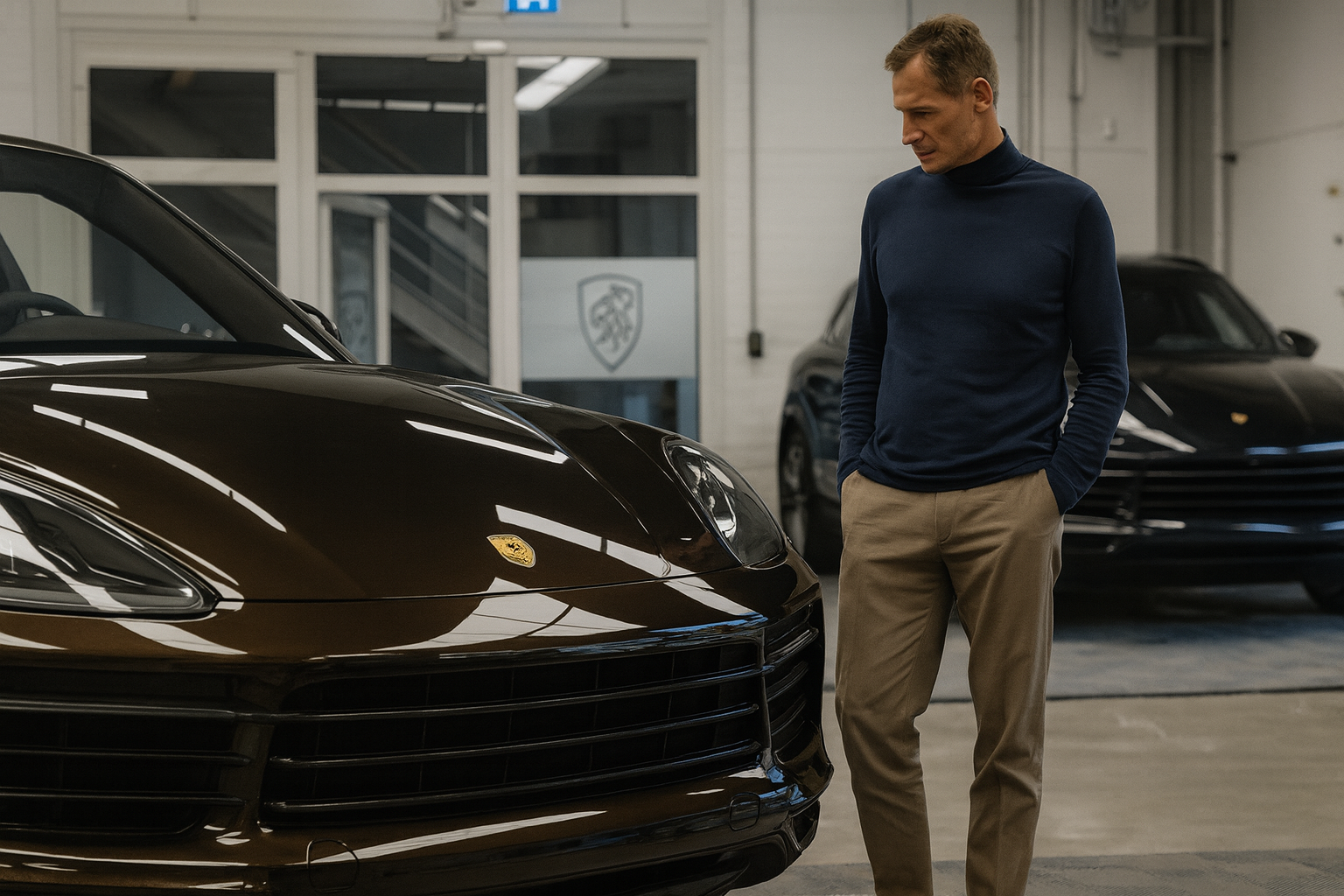 Man examining a brown Porsche inside a modern auto repair workshop, with another Porsche visible in the background