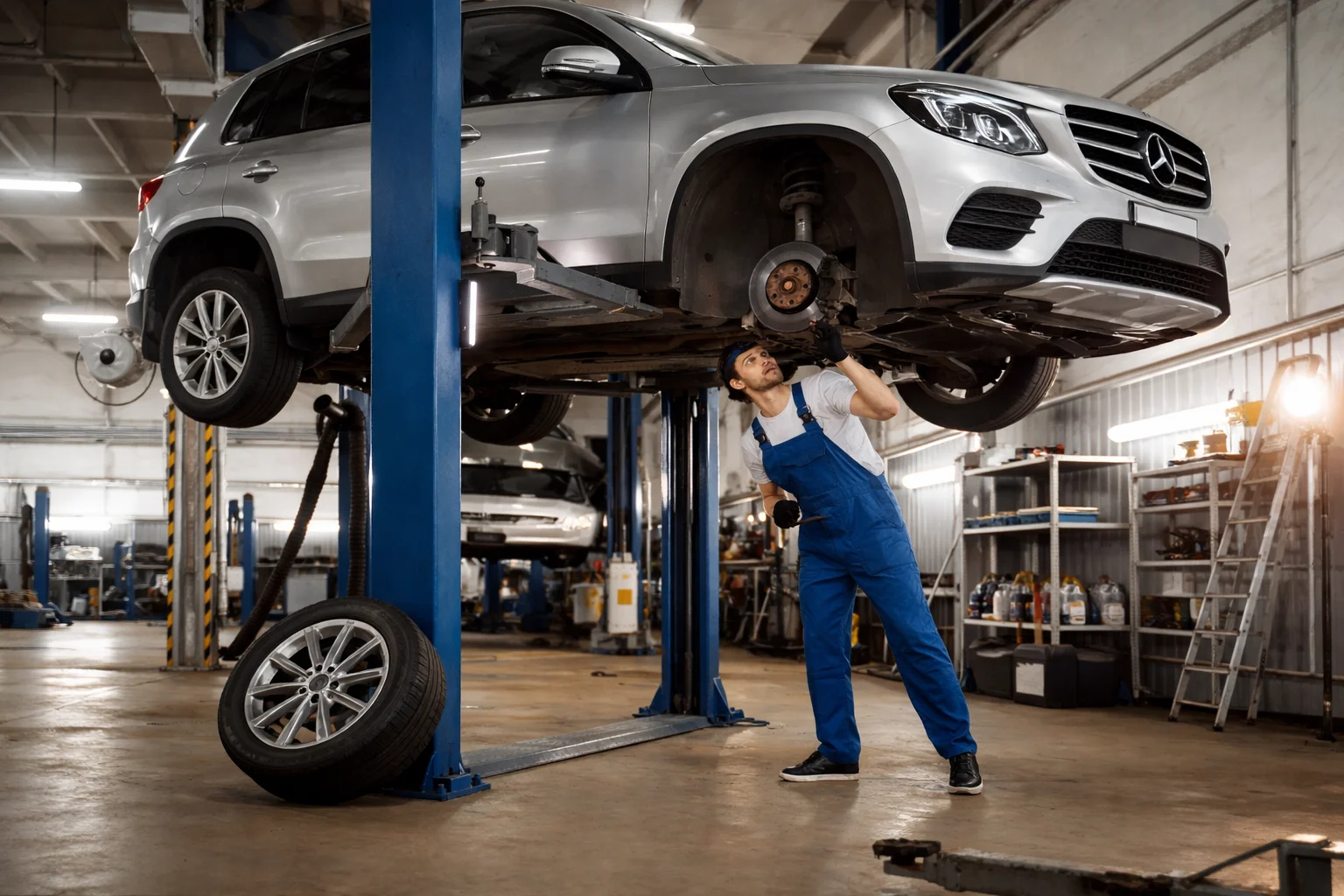 Mechanic inspecting the brake and suspension system of a Mercedes SUV lifted on a hydraulic hoist inside a professional Mercedes repair shop with modern tools and equipment.