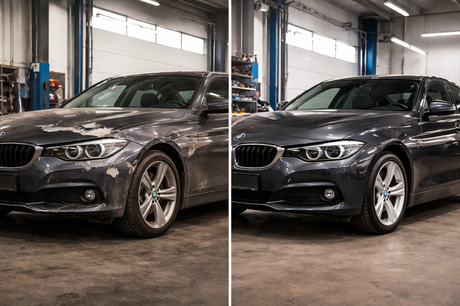 Side-by-side comparison of the same car before and after repair, showing dents and damaged paint on one side and a fully restored, like-new finish on the other, highlighting results from a car body workshop near me.