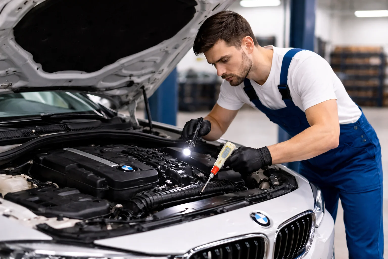Professional mechanic inspecting the engine under the open hood of a BMW in a modern garage, diagnosing an overheating issue during BMW car repair Dubai service.