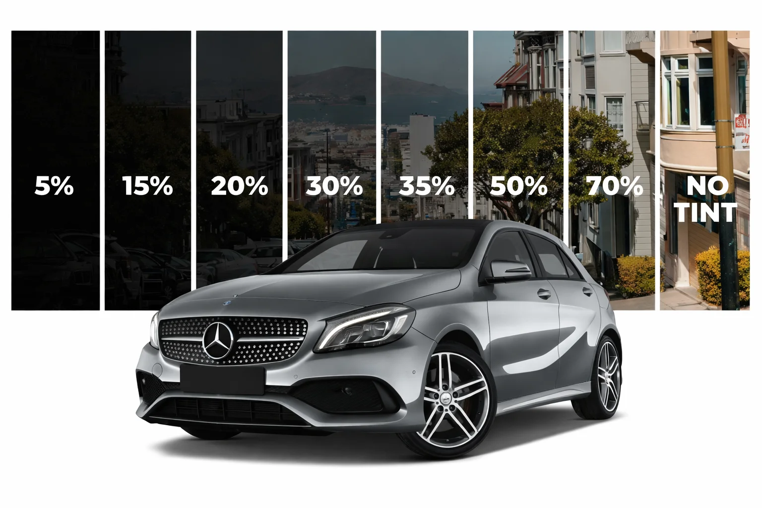Silver Mercedes car displayed with different window tint levels from dark to clear, illustrating visibility differences and helping customers compare options when searching for 3m tint near me.