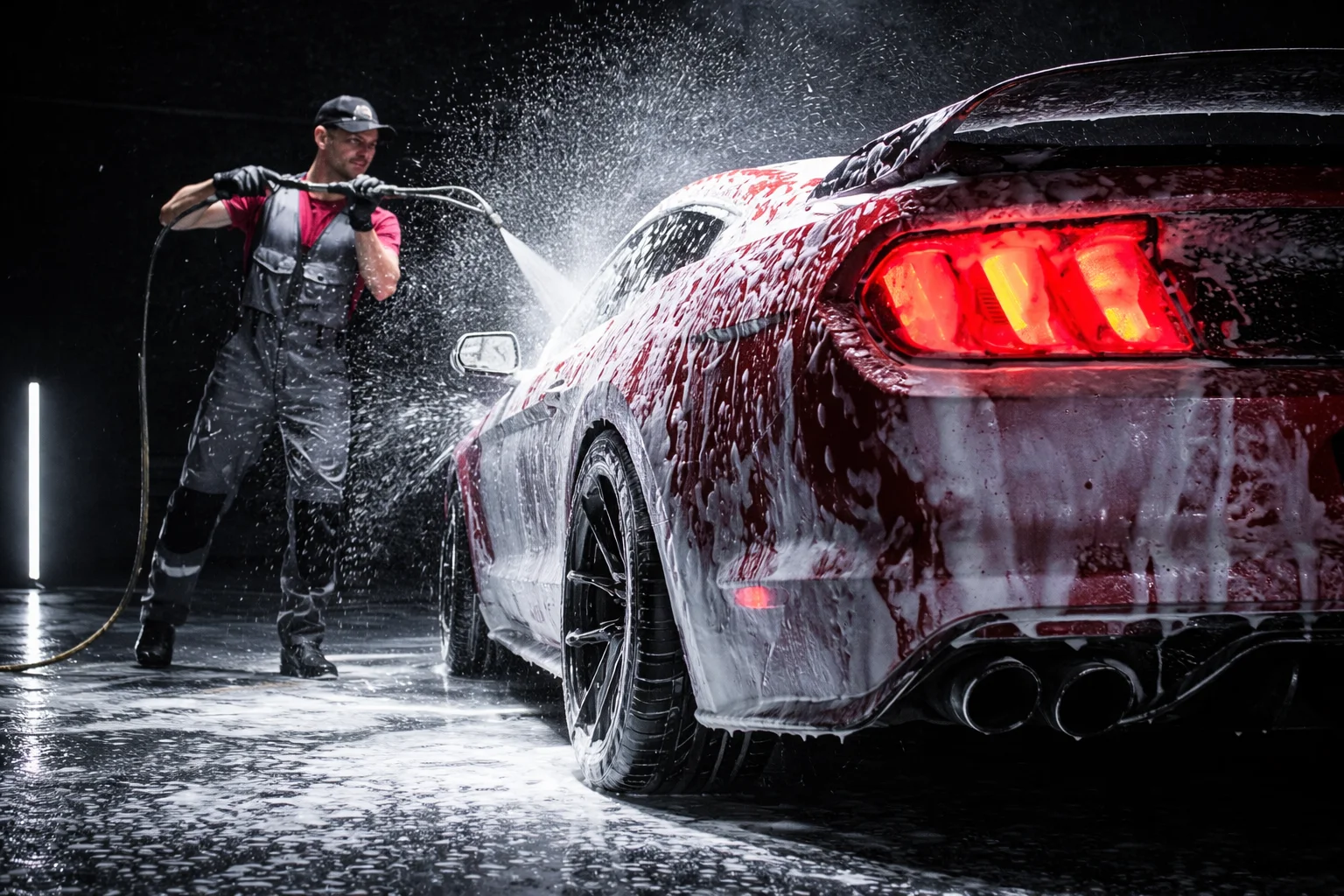 Auto detailing services in action as a professional detailer power-washes a red sports car covered in foam inside a modern detailing bay.