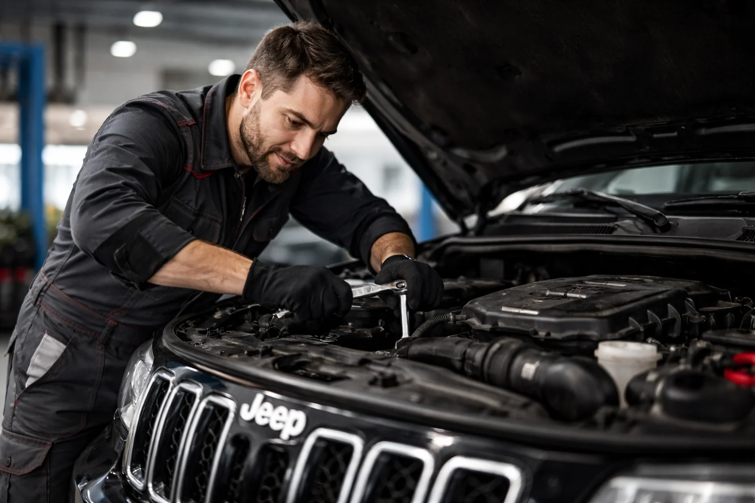 Professional mechanic repairing a Jeep under the open hood in a modern garage, showcasing expert jeep service Dubai.