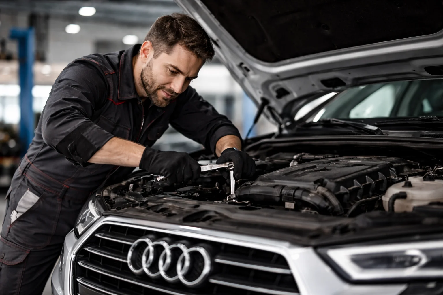 Professional mechanic repairing a Audi under the open hood in a modern garage, showcasing expert Audi service Dubai.