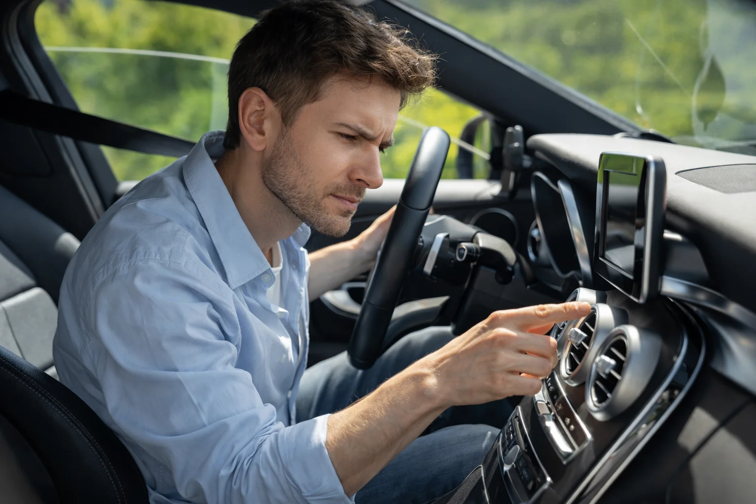 Man adjusting the car’s air conditioning controls inside the vehicle, showing a common issue that requires Kia AC repair Dubai for proper cooling performance.