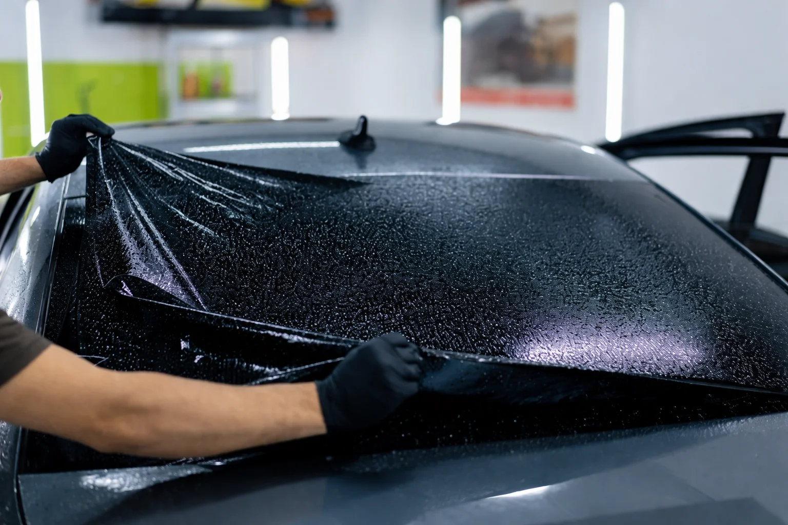 Technician applies window film to a car’s rear glass in a modern workshop, showing professional car tinting near me services.