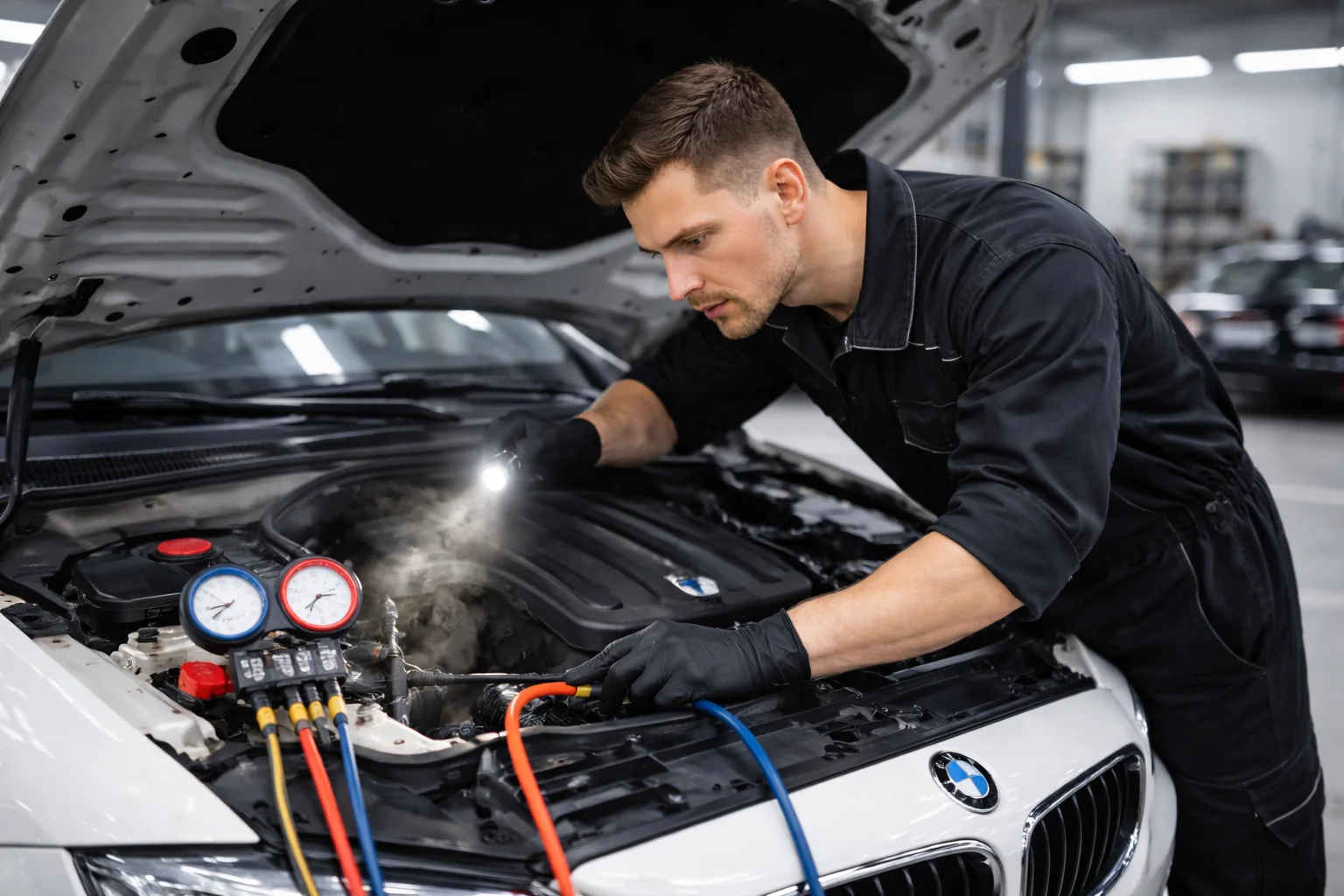 Professional mechanic in a black uniform inspects a BMW engine bay with gauges and a flashlight during a BMW AC service in a modern garage.