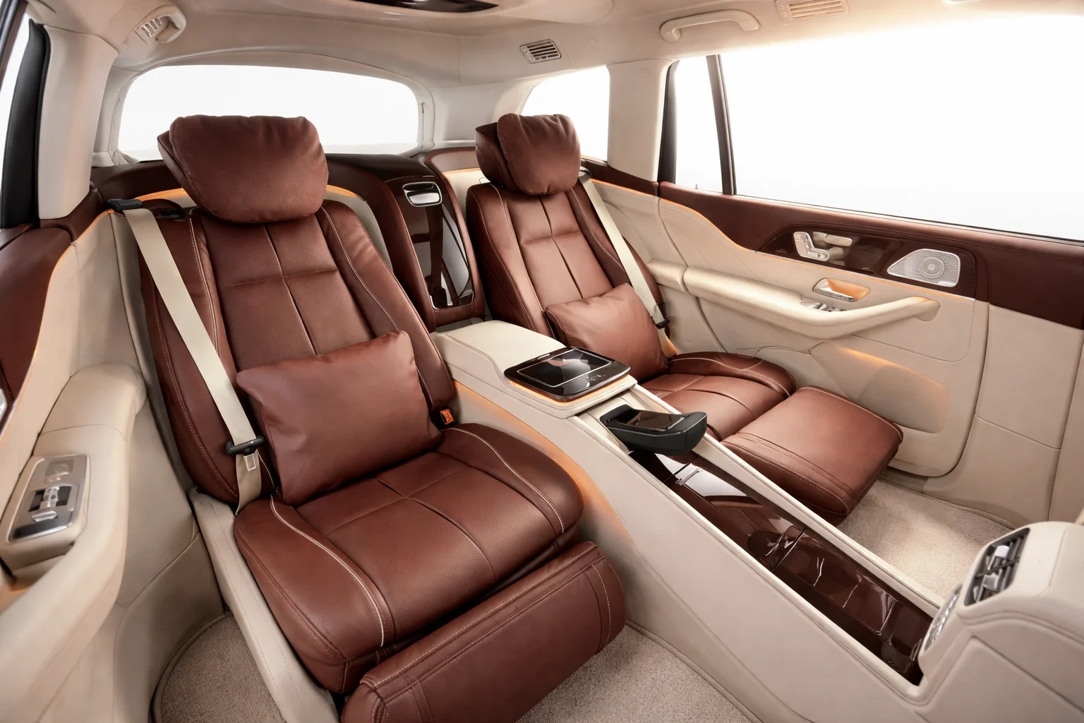 Luxurious rear interior of a premium car featuring brown leather car seats with plush cushions, a sleek center console with touch controls, beige trim accents, and spacious legroom designed for comfort and elegance.