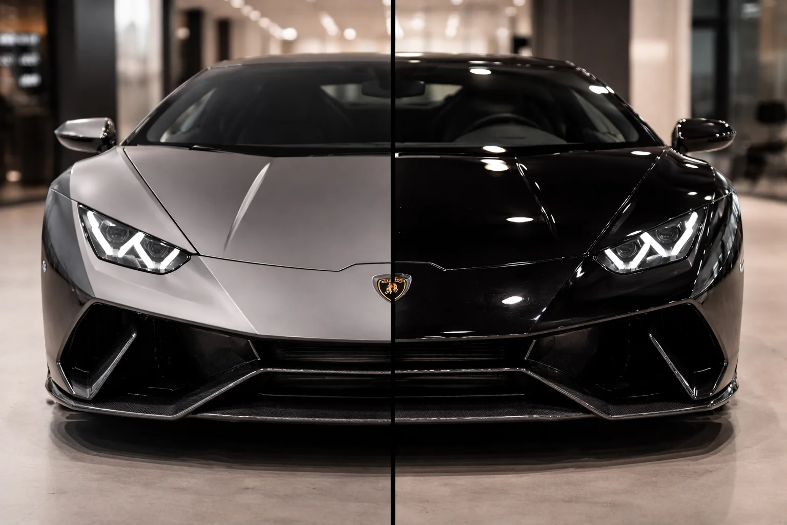 Side-by-side comparison of a Lamborghini with matte and glossy finishes, highlighting Car Detailing and Polishing results that enhance surface texture, shine, and overall appearance.