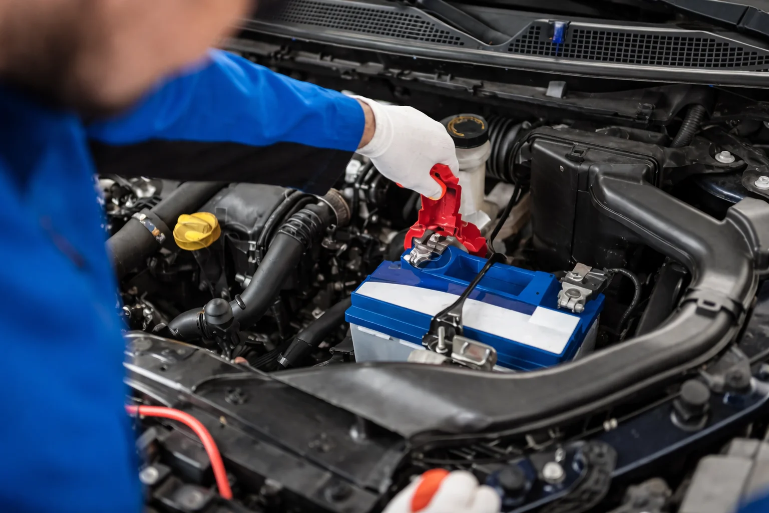 Mechanic wearing gloves installing a new car battery in the engine bay, attaching the positive terminal during a professional car battery replacement UAE service.