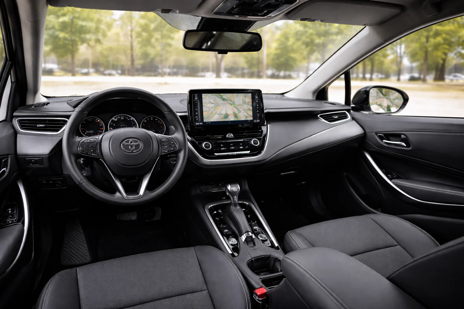 Toyota Corolla interior showing the steering wheel with Toyota logo and center touchscreen, suggesting a Toyota AC gas refill to restore cool airflow in the cabin.