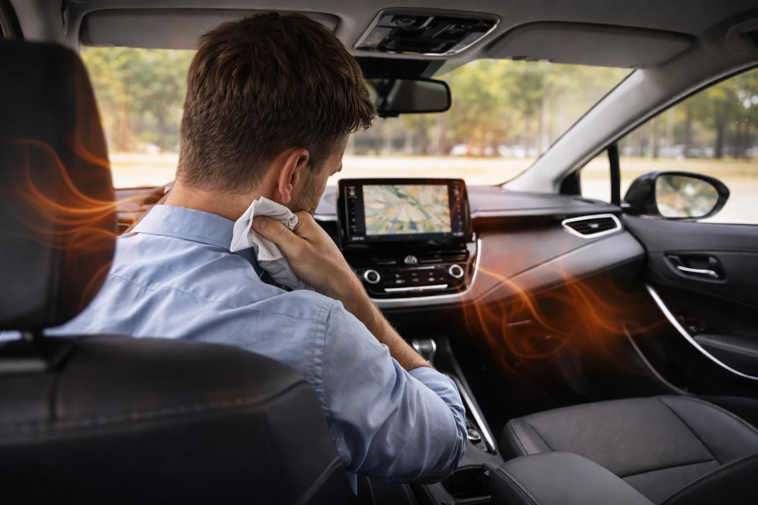 Rear view of a driver in a Toyota Corolla wiping sweat inside a hot cabin, suggesting the need for Toyota AC compressor replacement to restore proper cooling.