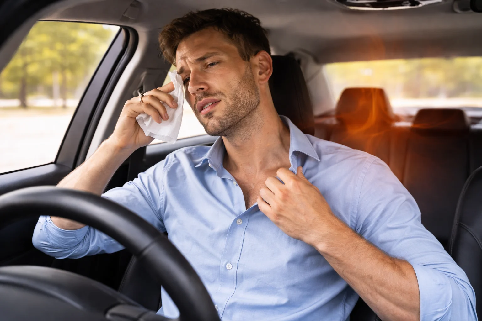 Driver in a Toyota Corolla wipes sweat and looks uncomfortable in a hot cabin, suggesting the need for Toyota AC condenser replacement to restore strong cooling.