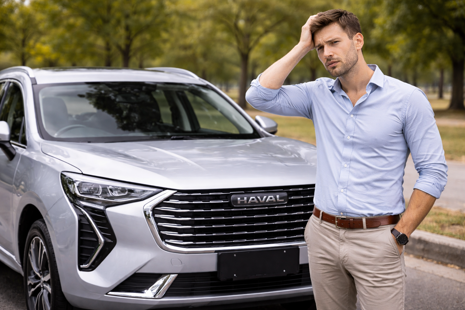 Worried man stands beside a silver Haval Jolion SUV with his hand on his head, suggesting he’s searching for Haval Jolion AC repair near me.