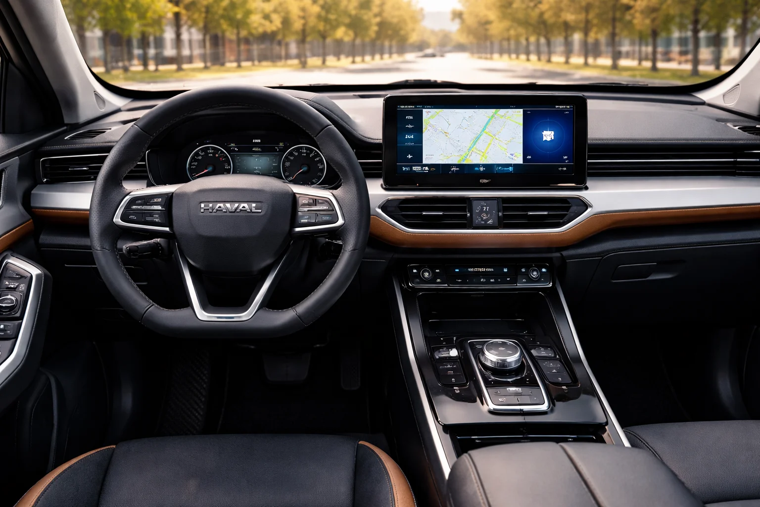 Driver’s view of a Haval Jolion dashboard with the Haval logo on the steering wheel and infotainment screen on, suggesting a Haval Jolion AC compressor replacement to restore reliable cooling.