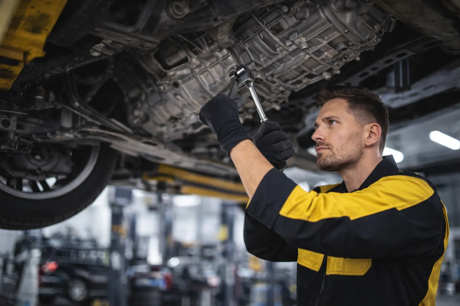 Mechanic in a yellow-and-black uniform works under a raised Mercedes with a ratchet, showcasing Mercedes gearbox repair Dubai in a modern workshop.