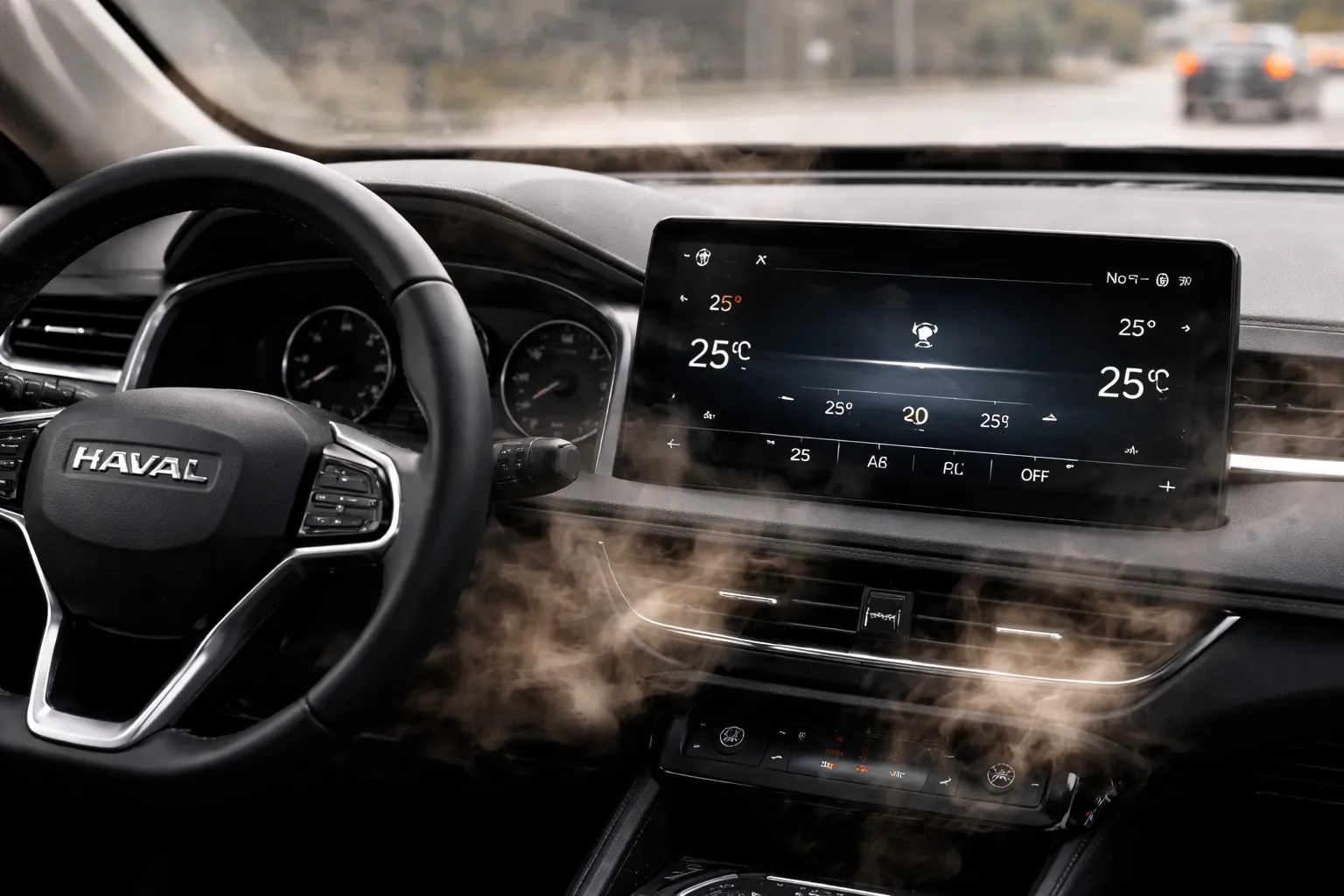 Driver’s view of a Haval Jolion dashboard with the Haval logo on the steering wheel and warm air drifting from the vents, suggesting a Haval Jolion AC system flushing to restore clean, cool airflow.