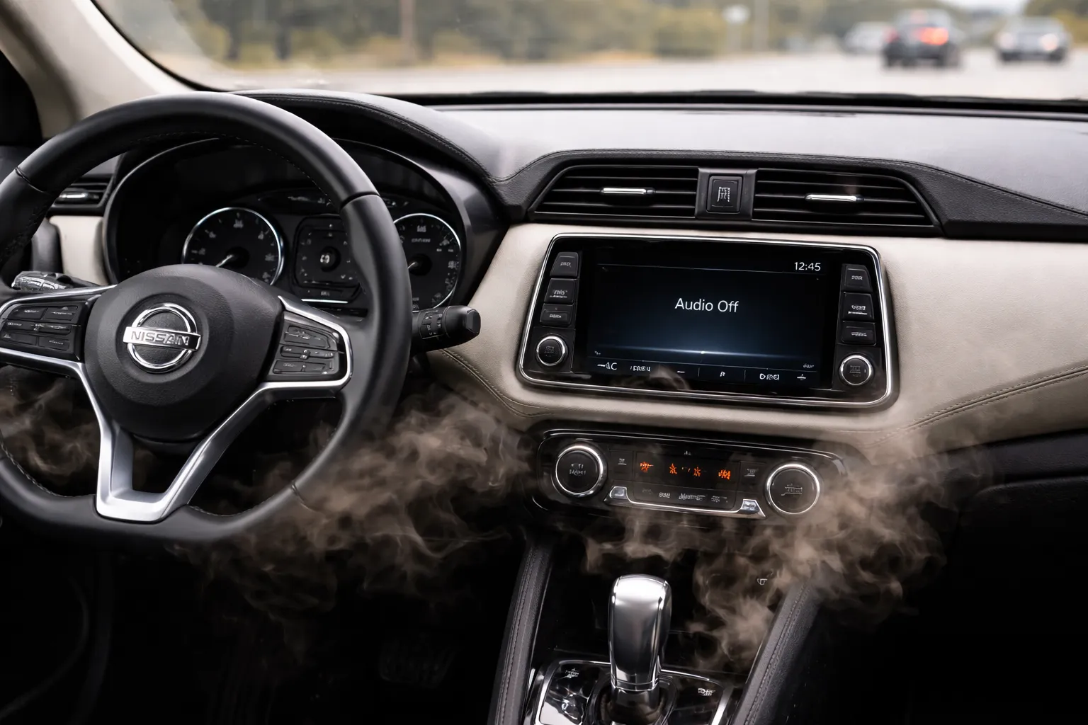 Driver’s view of a Nissan dashboard with the Nissan logo on the steering wheel and warm air drifting from the vents, suggesting a search for Nissan AC repair near me.