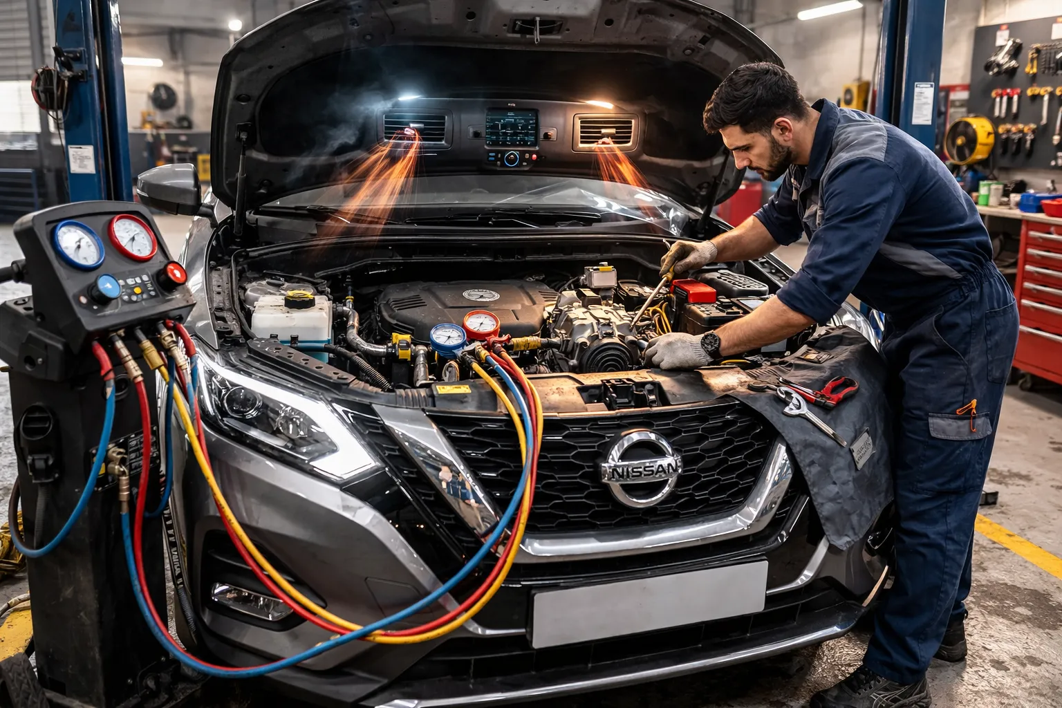 Professional mechanic performing Nissan AC services in a workshop, with the hood open and AC gauges and hoses connected to the vehicle.