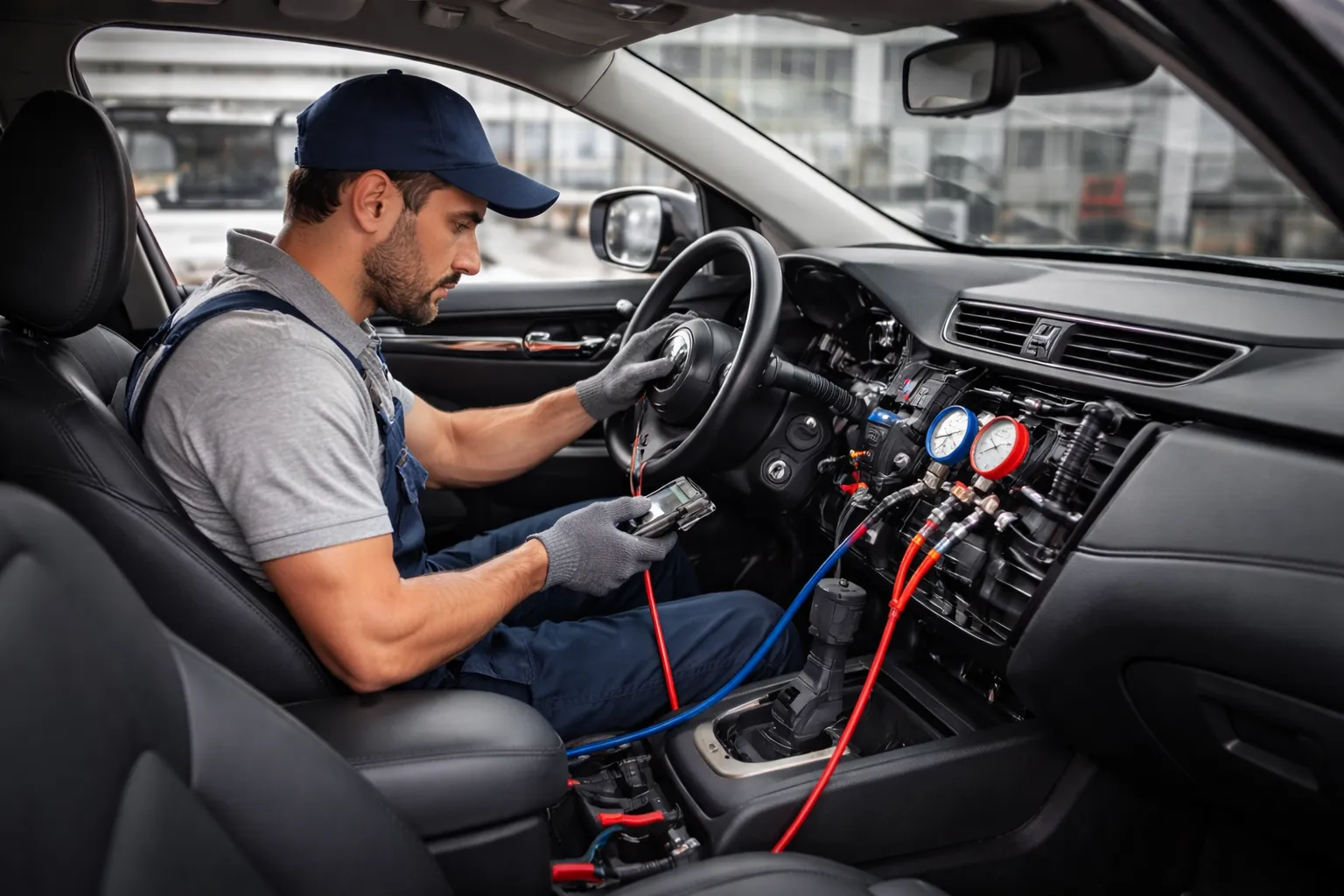 Technician performing a Nissan AC gas refill inside the car, using manifold gauges and diagnostic tools while working on the dashboard area.
