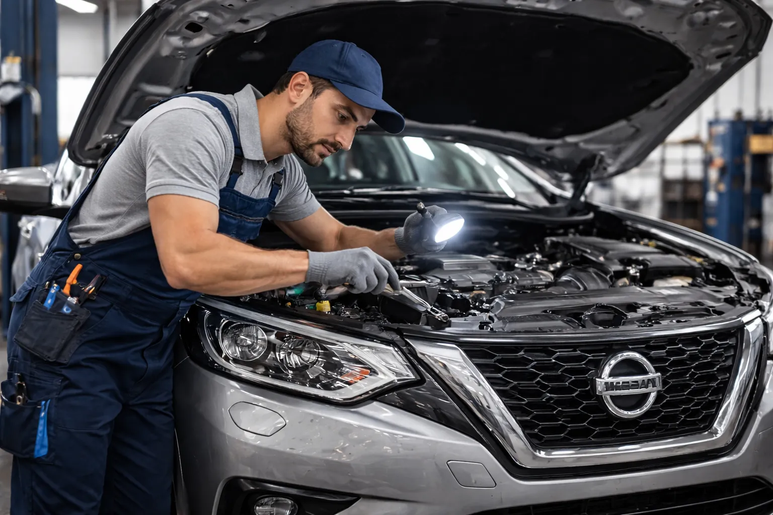 Mechanic inspecting a Nissan with the hood open in an auto repair shop, performing a Nissan AC compressor replacement using professional tools.