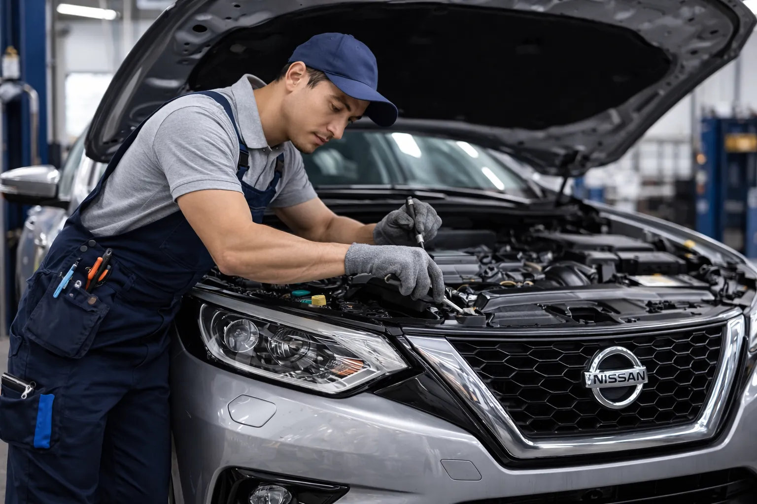 Asian mechanic repairing a Nissan in a modern garage with the hood open, performing Nissan AC system flushing using professional tools.