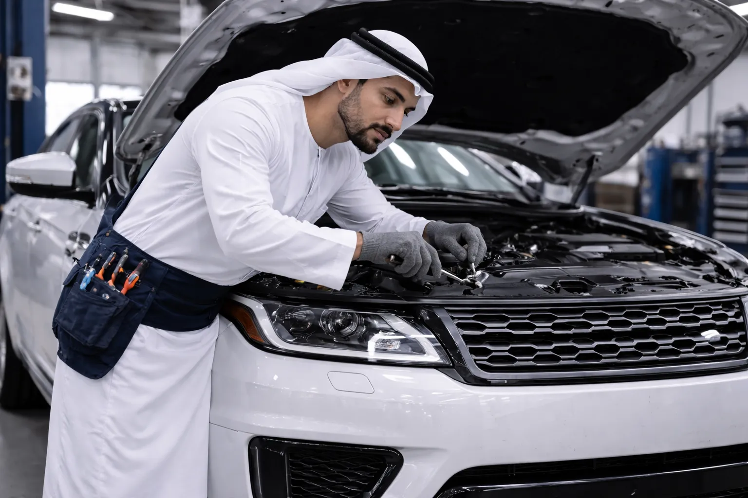 Emirati mechanic repairing a white Range Rover with the hood open in a modern garage, representing land rover ac repair near me services.