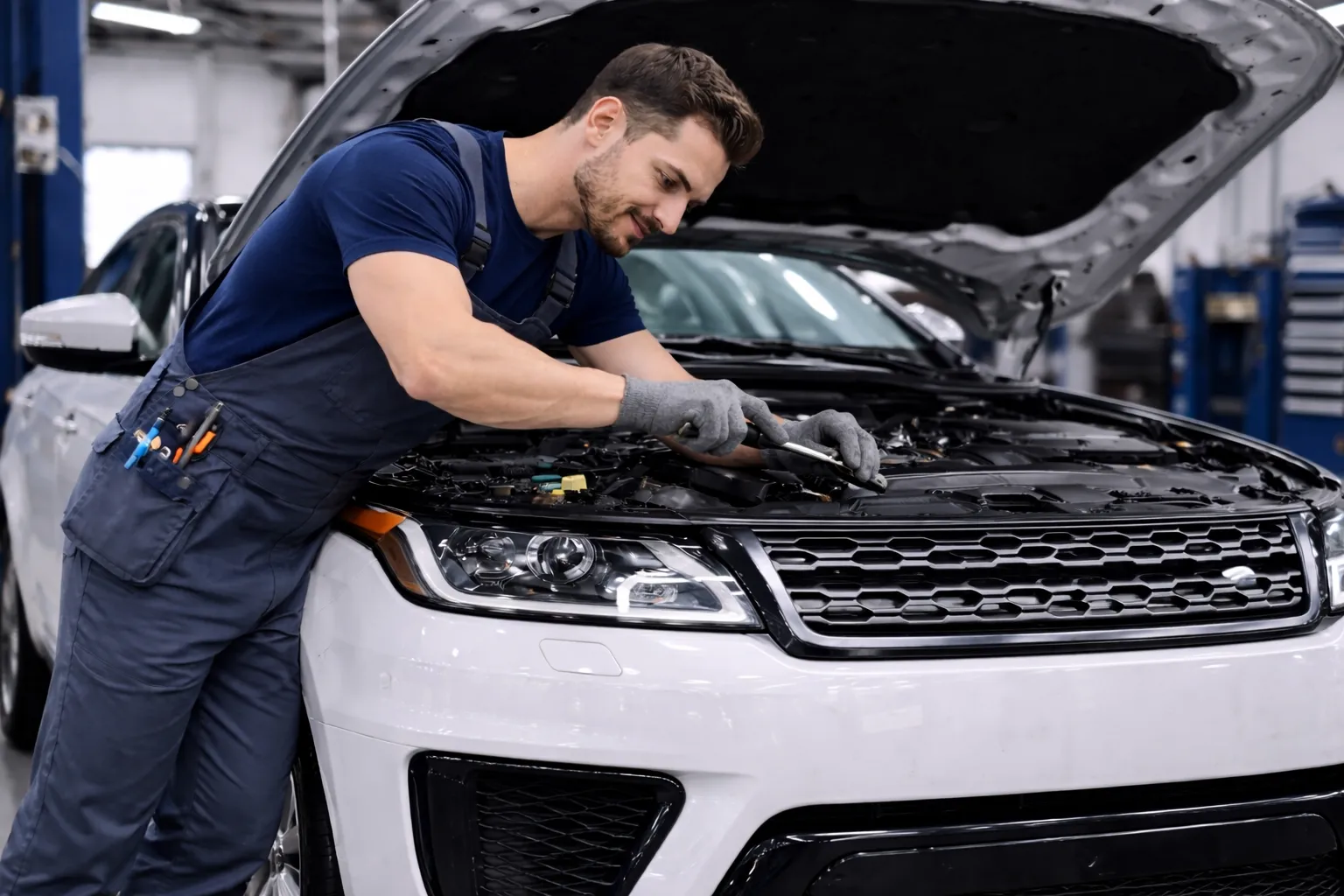 Professional mechanic repairing a white Range Rover in a modern garage with the hood open, providing land rover ac services with specialized tools.