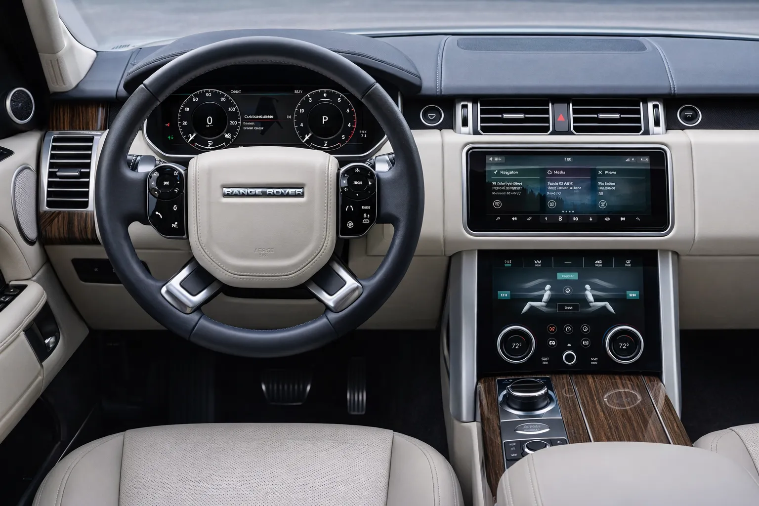 Range Rover dashboard and steering wheel with the Range Rover logo visible, showing climate controls on the center console for land rover ac compressor replacement diagnostics and service.