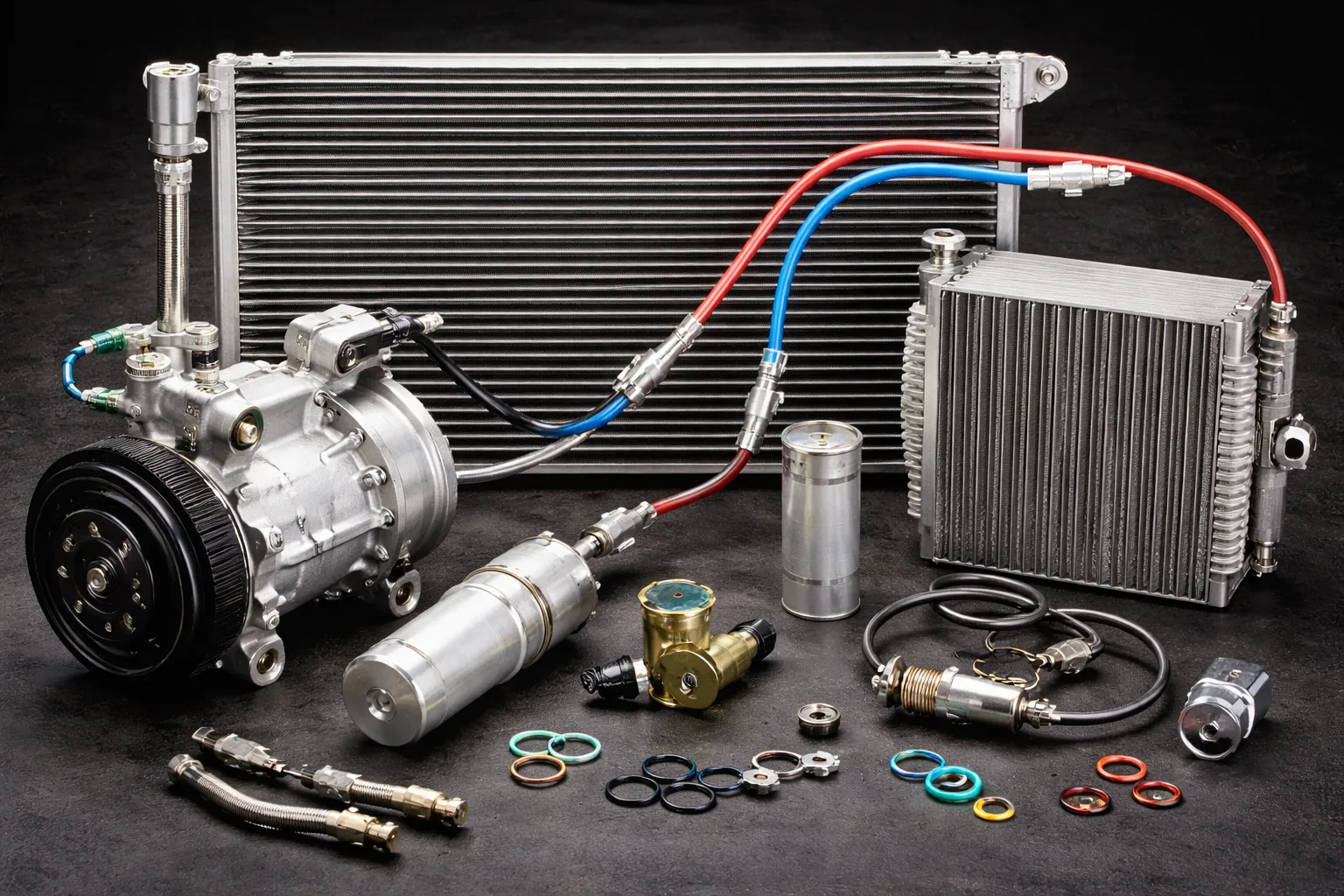 Close-up of a car AC system layout with compressor, condenser, evaporator, receiver-drier, and refrigerant lines, suitable for land rover ac system flushing and component servicing.