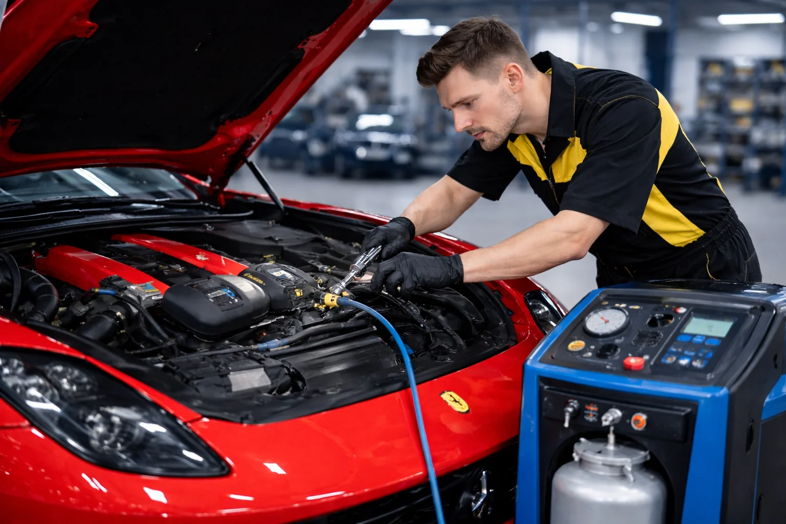 Mechanic in a yellow-and-black uniform connects AC service equipment to a red Ferrari in a modern workshop, performing a Ferrari AC gas refill to restore cooling.