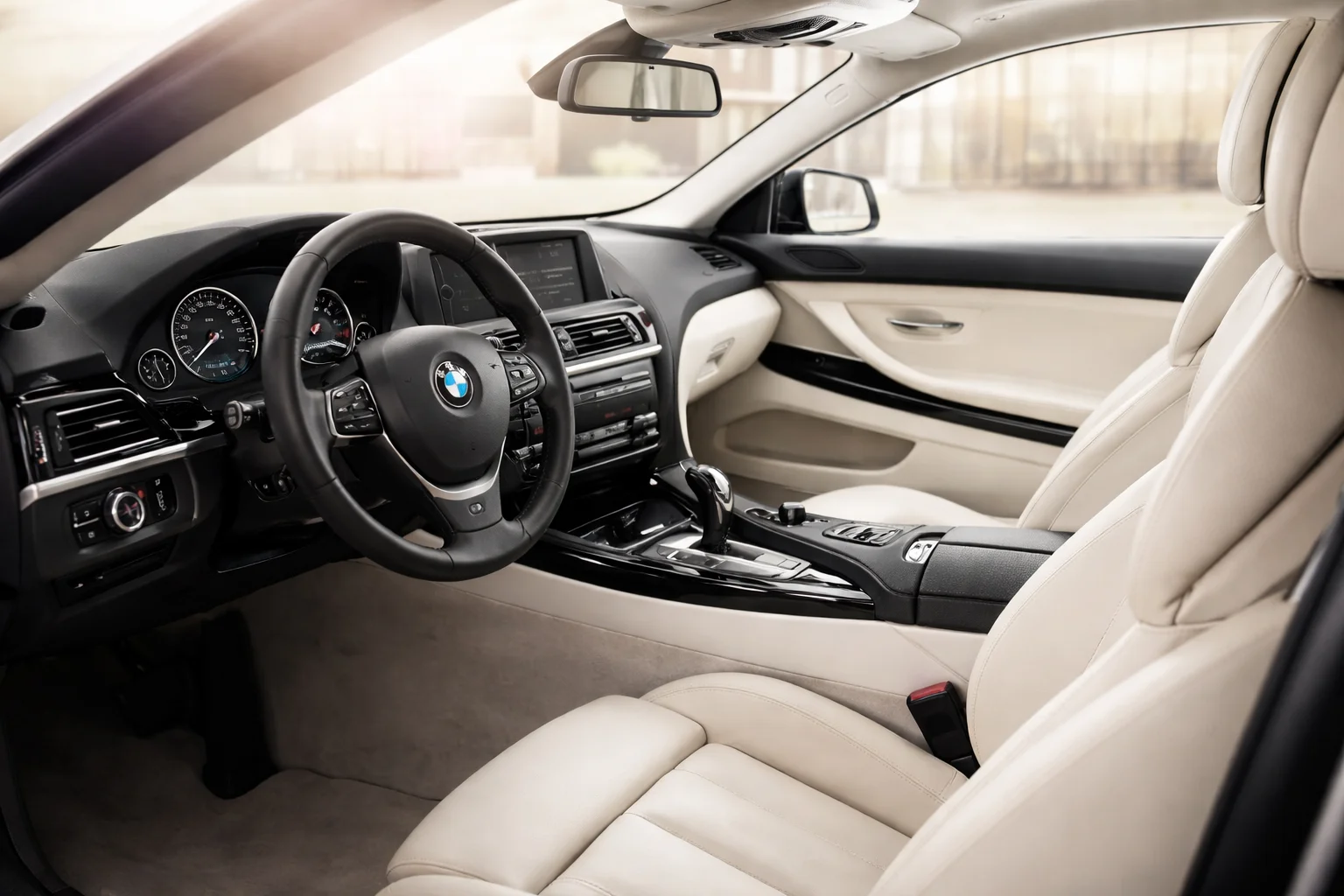 Bright BMW interior with cream leather seats and dashboard controls, suggesting a visit for BMW AC system flushing to restore clean, cool airflow.