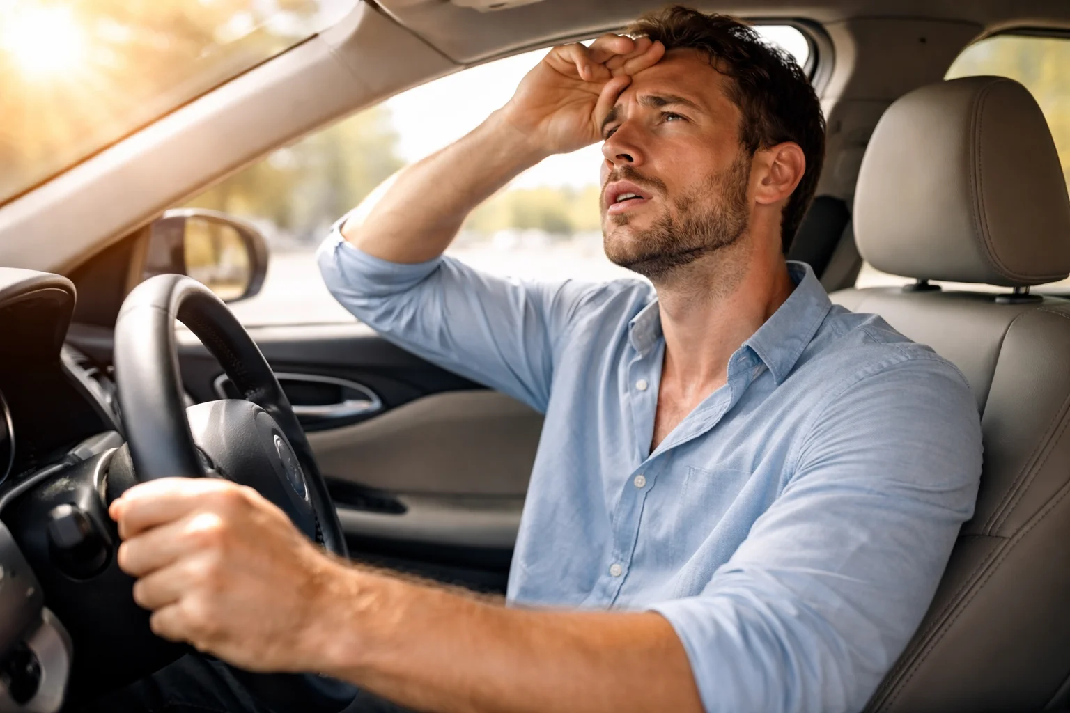 Sweating driver wipes his forehead inside a hot car with weak airflow, suggesting the need for Toyota AC repair Dubai to restore cooling.