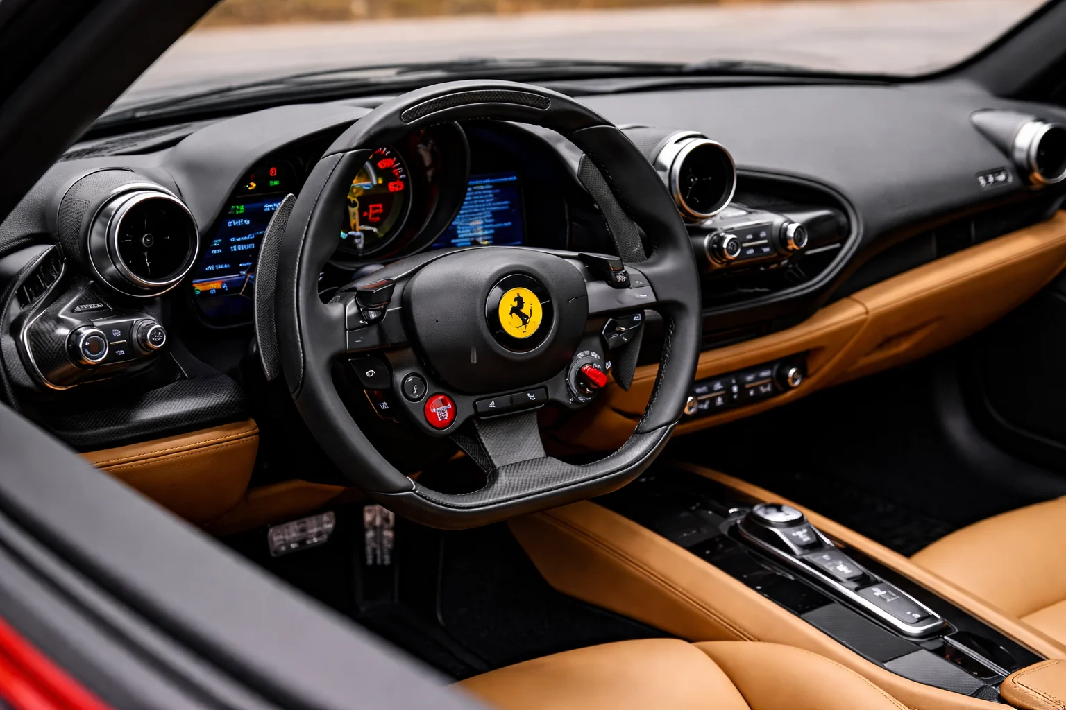 Close-up of a Ferrari cockpit with the prancing horse logo on the steering wheel and tan leather trim, suggesting a visit to a Ferrari AC repair near me for cooling issues.