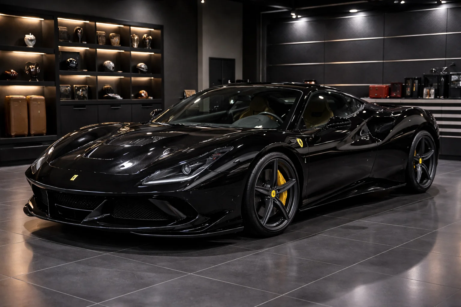 Black Ferrari supercar parked in a luxury garage with showroom lighting, ready for summer drives after a Ferrari AC condenser replacement restores strong cabin cooling.