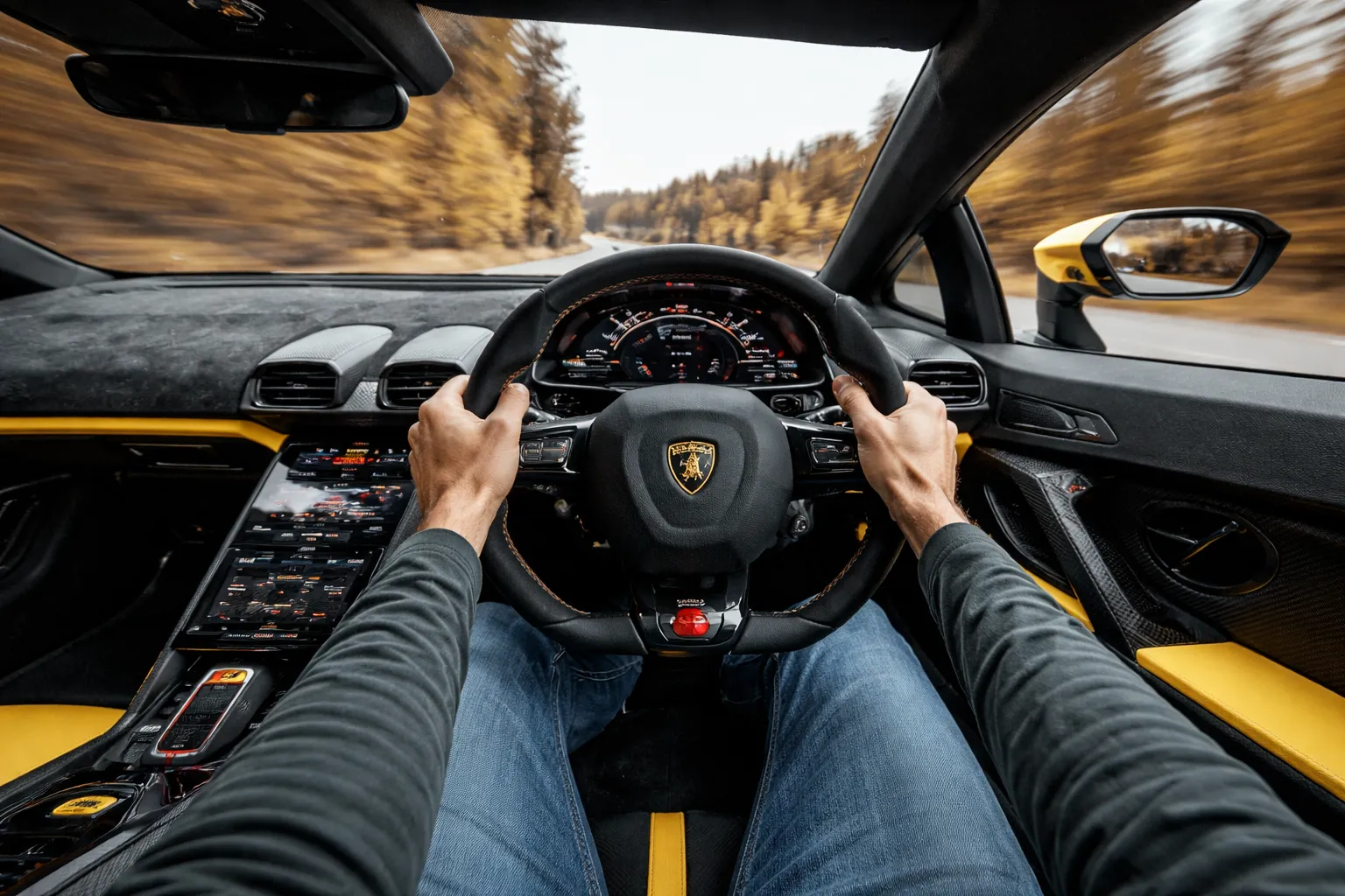 Driver’s view inside a Lamborghini with hands on the steering wheel and the Lamborghini logo visible, useful for lamborghini ac repair near me service content.