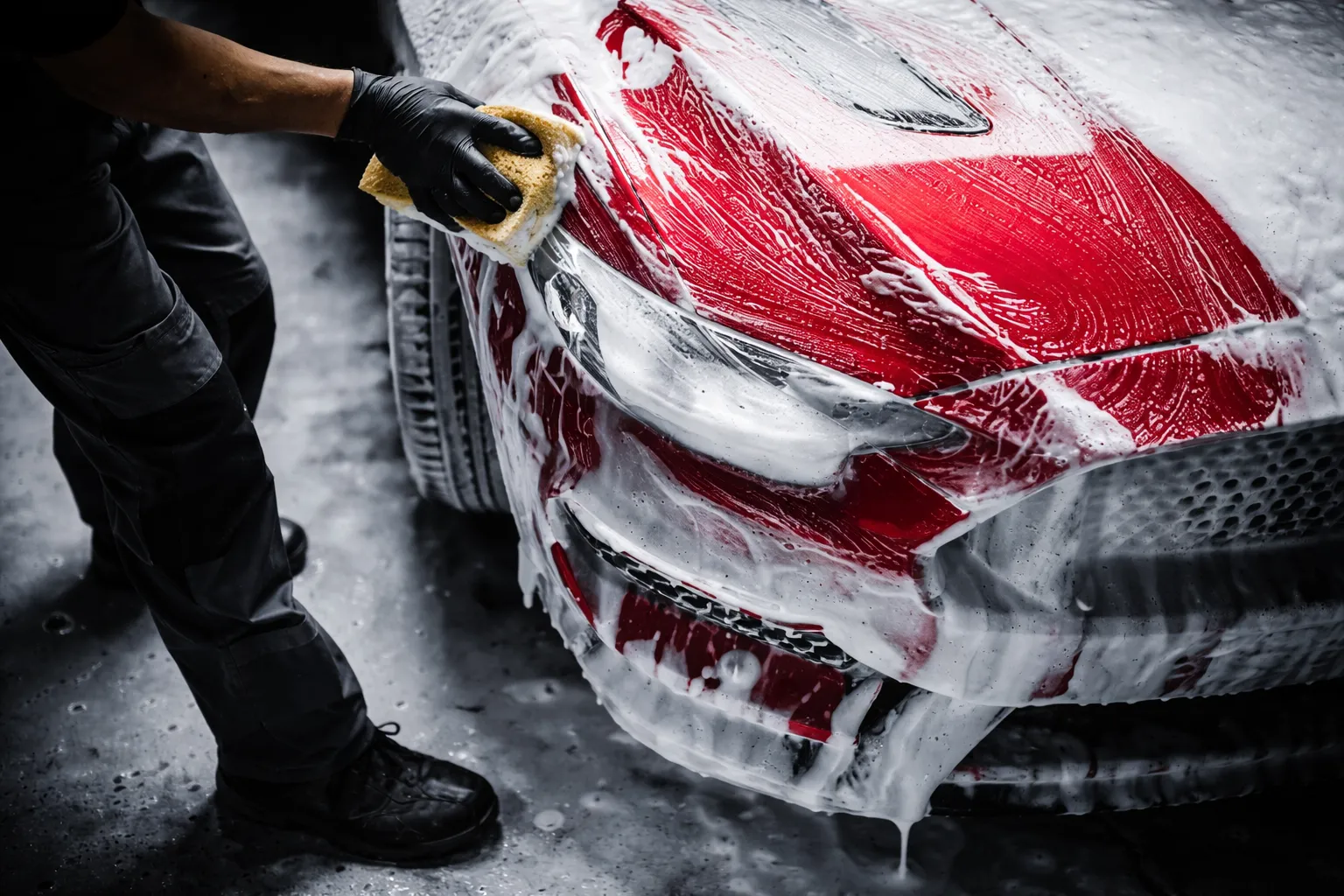 Detailer wearing black gloves washing a red car covered in thick foam inside a garage, demonstrating professional car detailing dubai services for deep exterior cleaning and paint care.