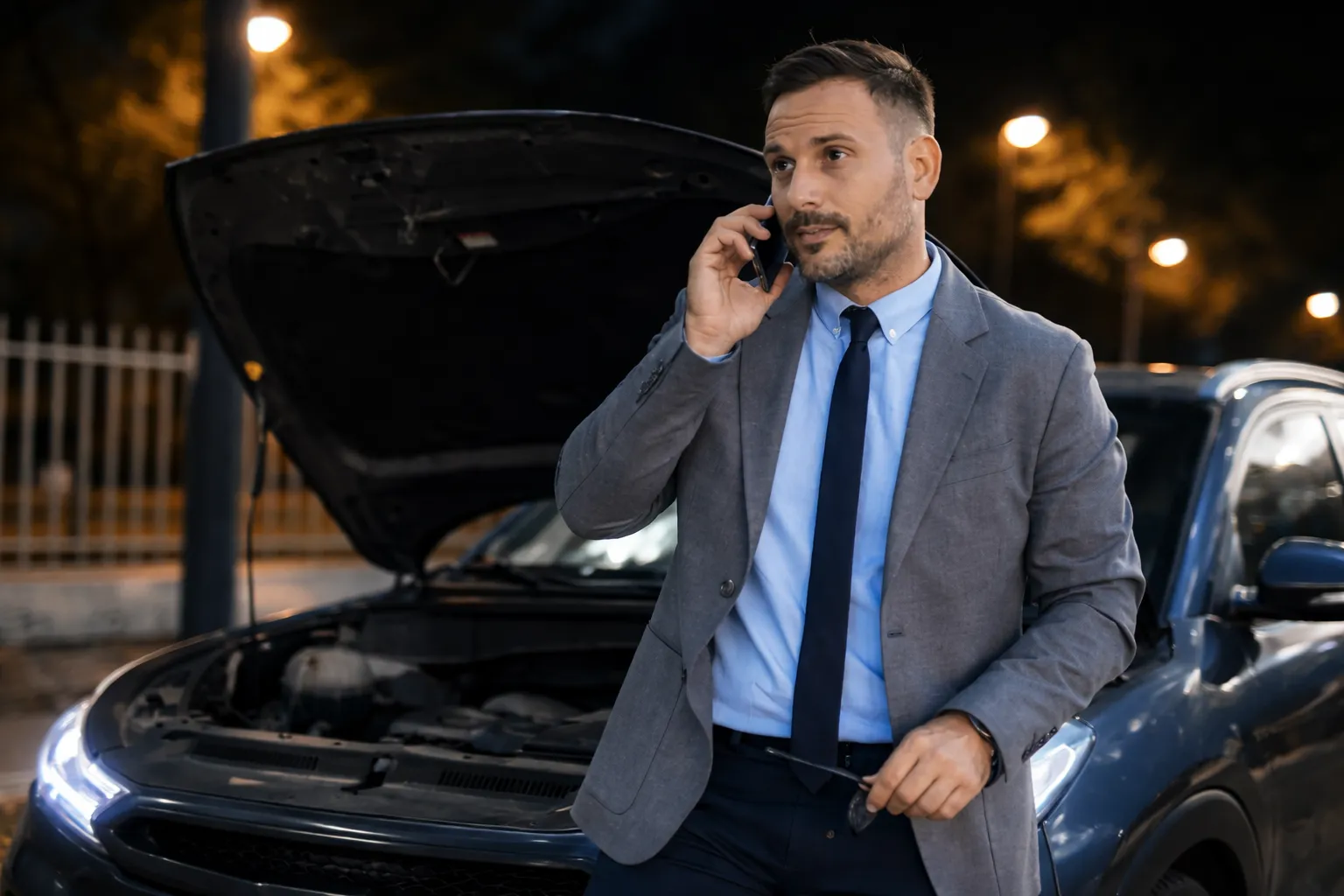 Man in a suit standing beside his car with the hood open at night while calling for help, searching for a reliable 24/7 garage near me to handle an unexpected roadside breakdown.