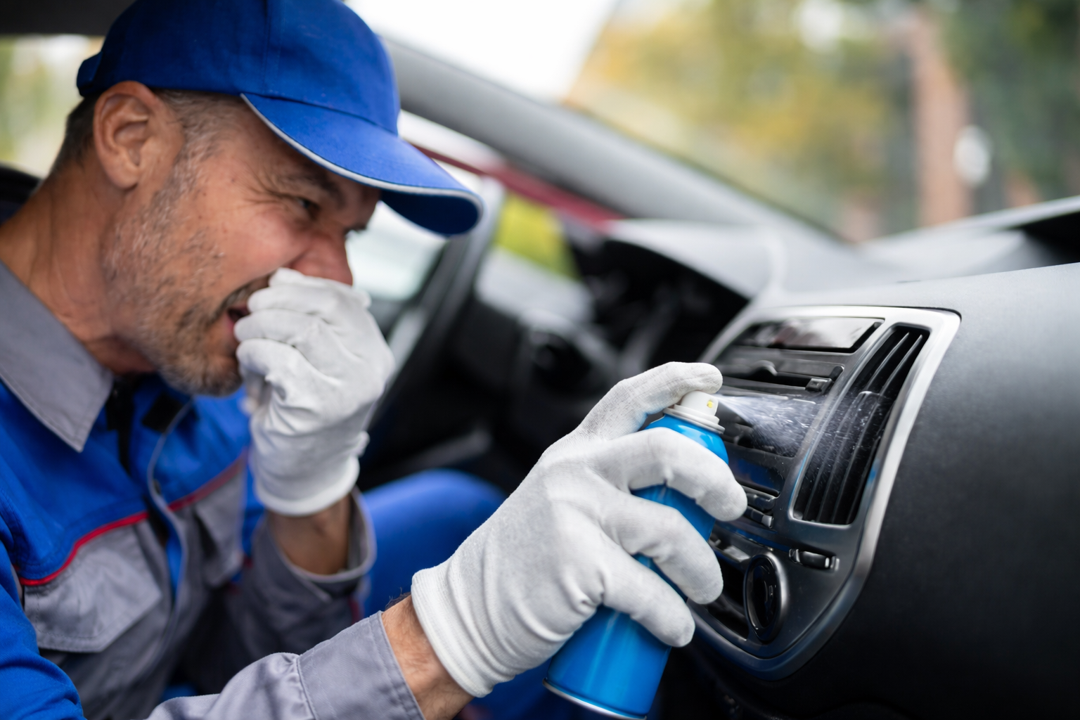 Auto mechanic cleaning car air vents with a spray inside a vehicle while addressing odor issues, demonstrating a professional Mercedes AC smell fix service for improved cabin air quality.