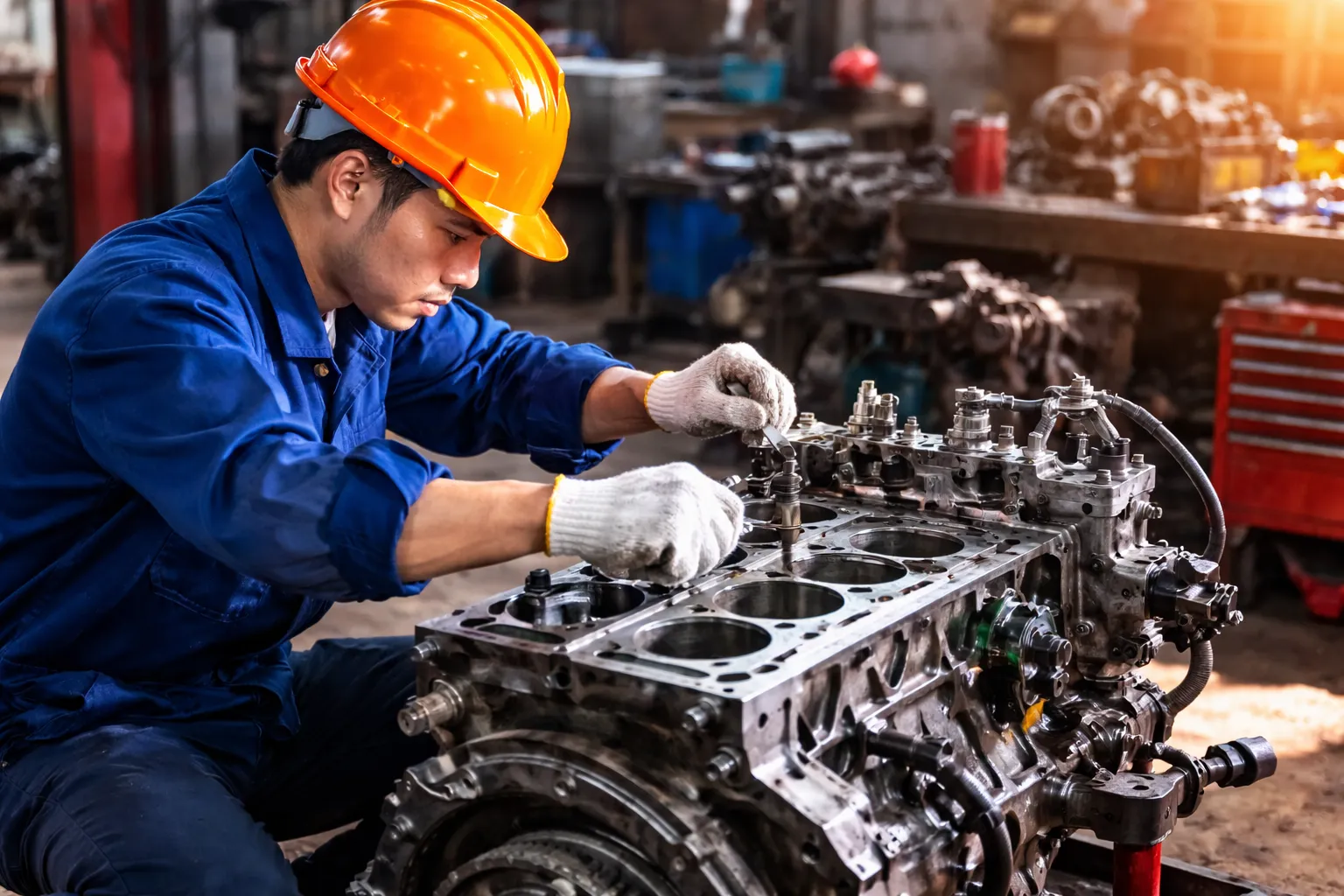 Skilled mechanic working on an engine block inside a workshop, representing professional maintenance and repair at a trusted Land Cruiser service center Dubai for reliable vehicle performance.