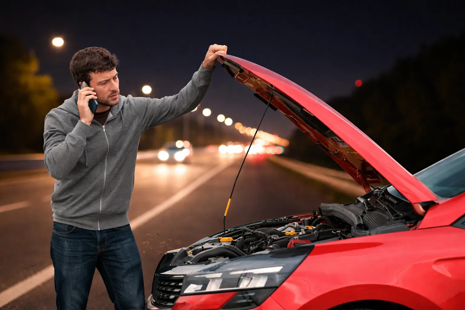 Man standing beside a car with the hood open on a highway at night, talking on the phone while dealing with a car breakdown.