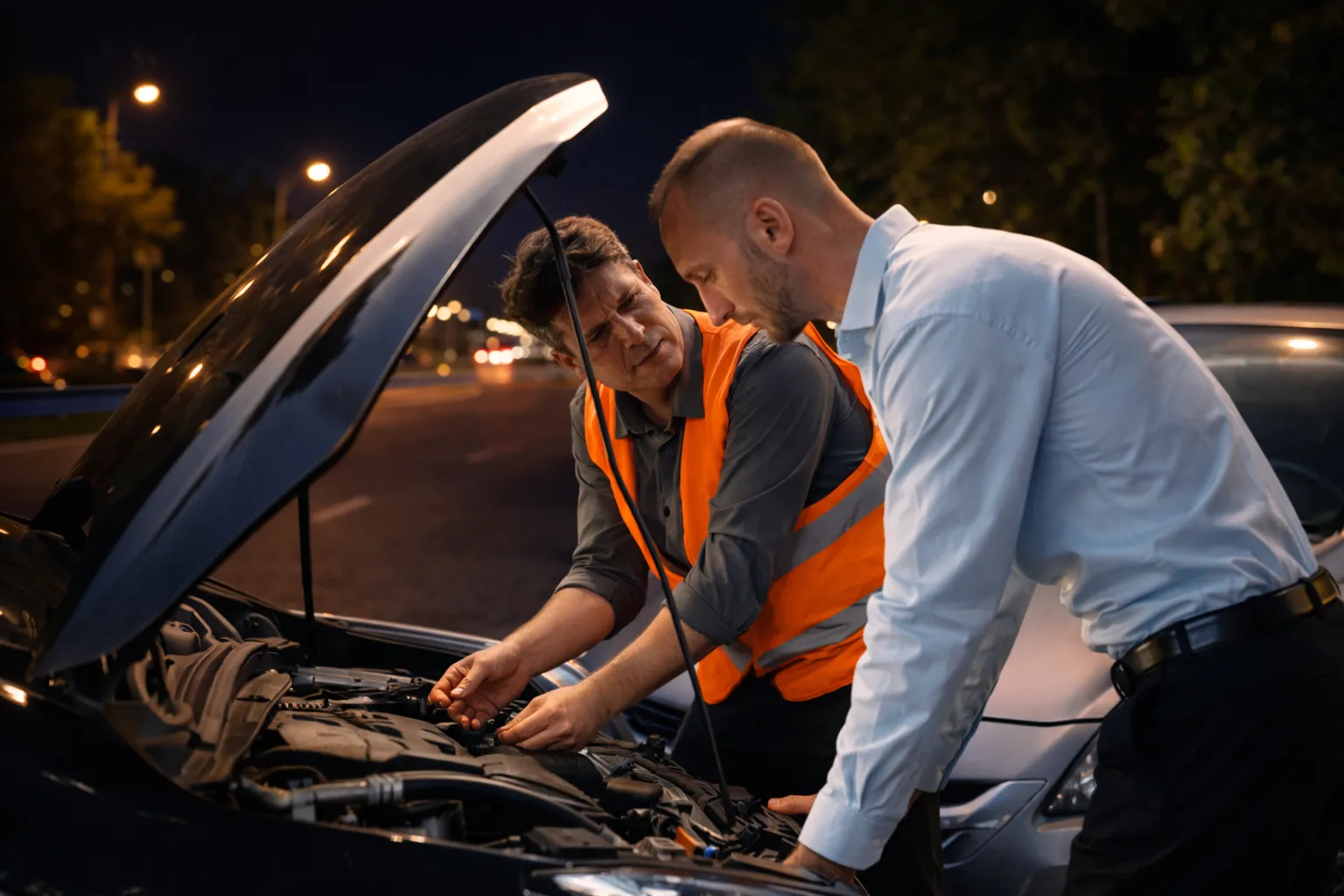 Two men inspecting a car engine on the roadside at night, with one assisting after the driver searched for a mobile mechanic near me for quick help.