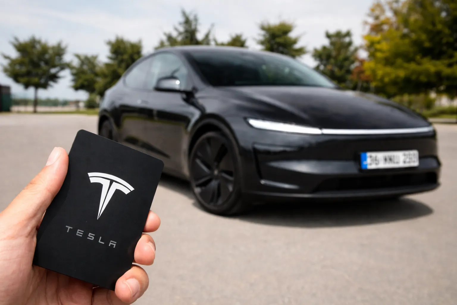 Hand holding a Tesla key card in front of a sleek electric car, representing modern mobility and the growing demand for reliable electric vehicle service Dubai.
