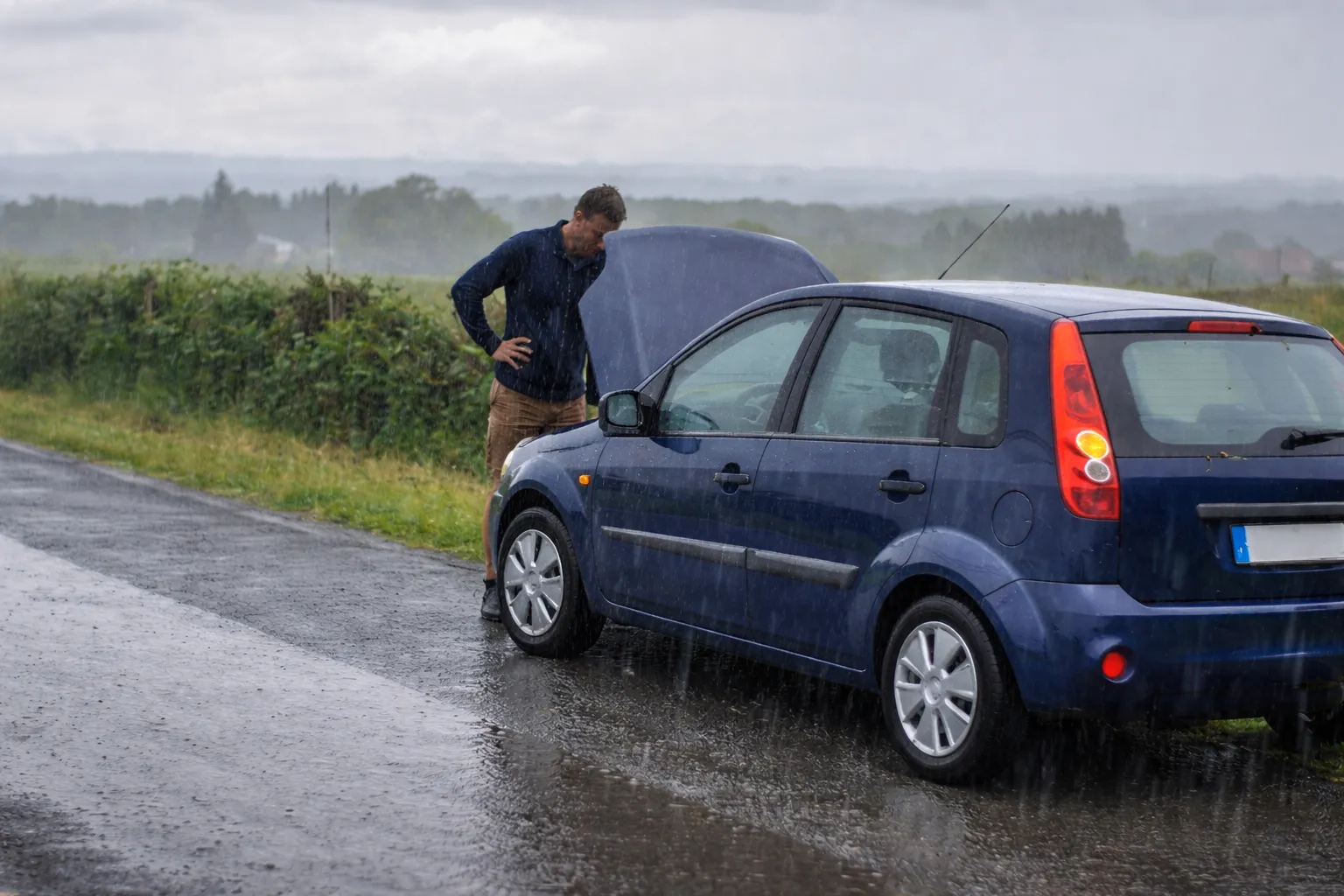 Man standing beside his car with the hood open in heavy rain, struggling with a car not starting after rain while inspecting the engine on a roadside.
