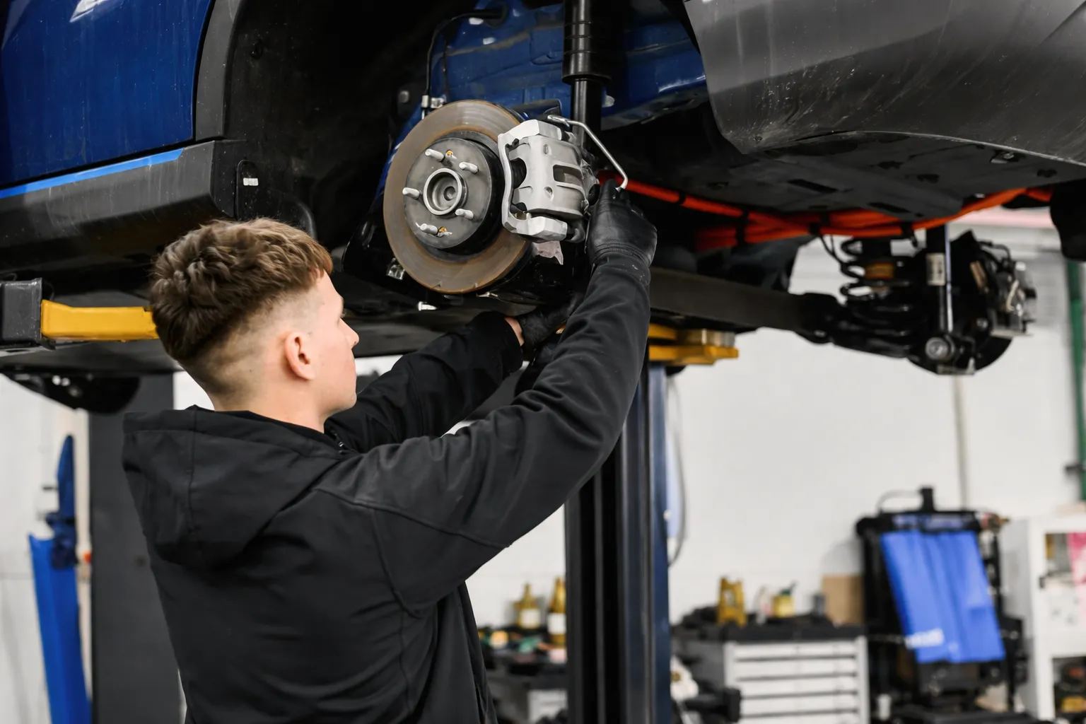 Mechanic working on a car’s brake system while it is lifted in a garage, representing professional service at the best brake repair in Al Quoz for safe and reliable driving.