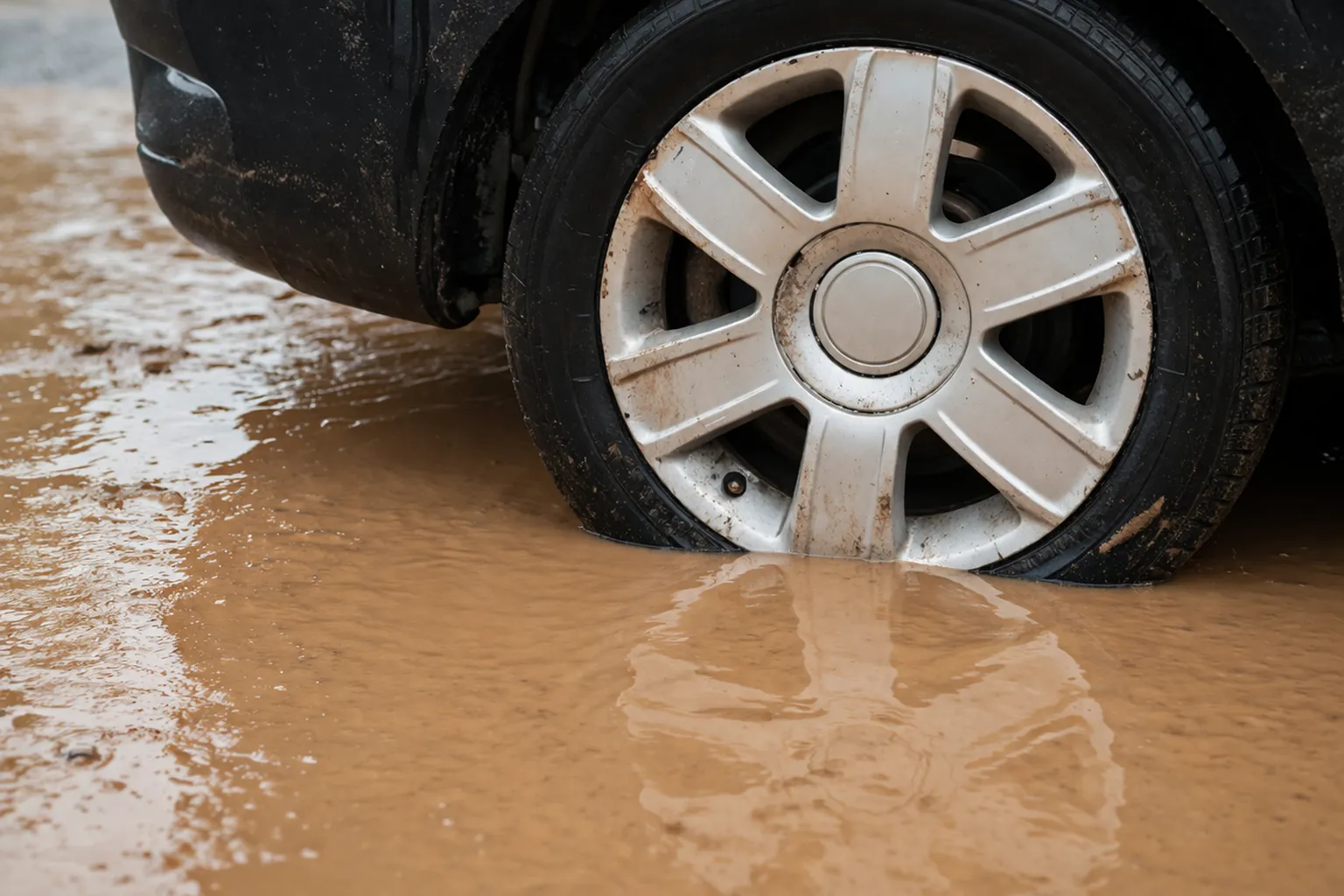 Close-up of a car wheel stuck in muddy water after heavy rain, illustrating a situation where a car not starting after rain flooding can leave drivers stranded.