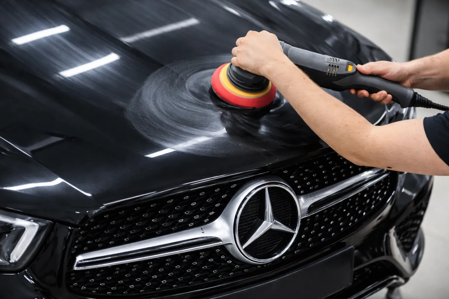 Technician polishing the hood of a Mercedes-Benz in a professional workshop, showcasing high-quality detailing services at the best Mercedes body shop Dubai.